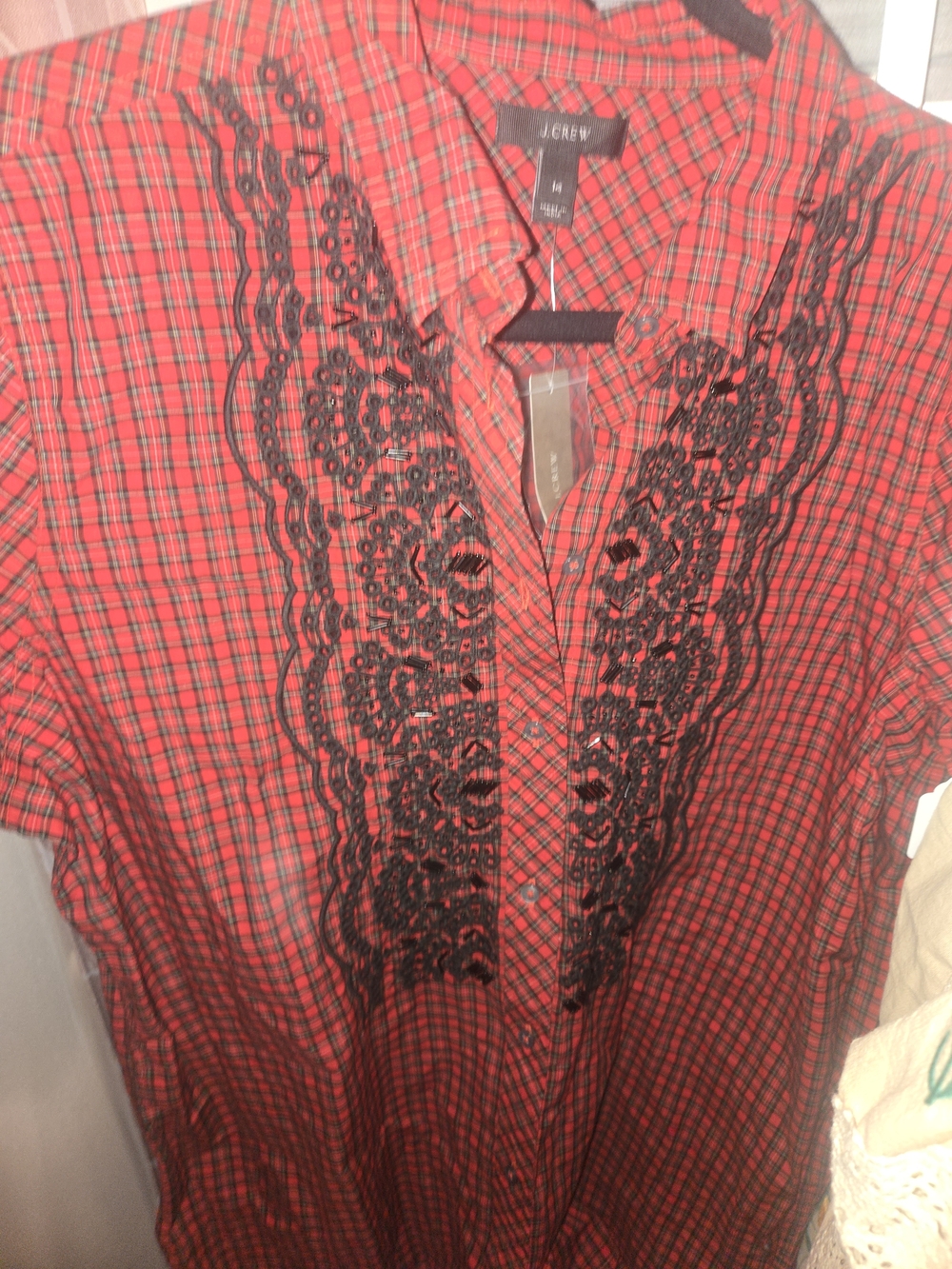 J. Crew Red Plaid Button-Down Shirt with Black Lace Trim